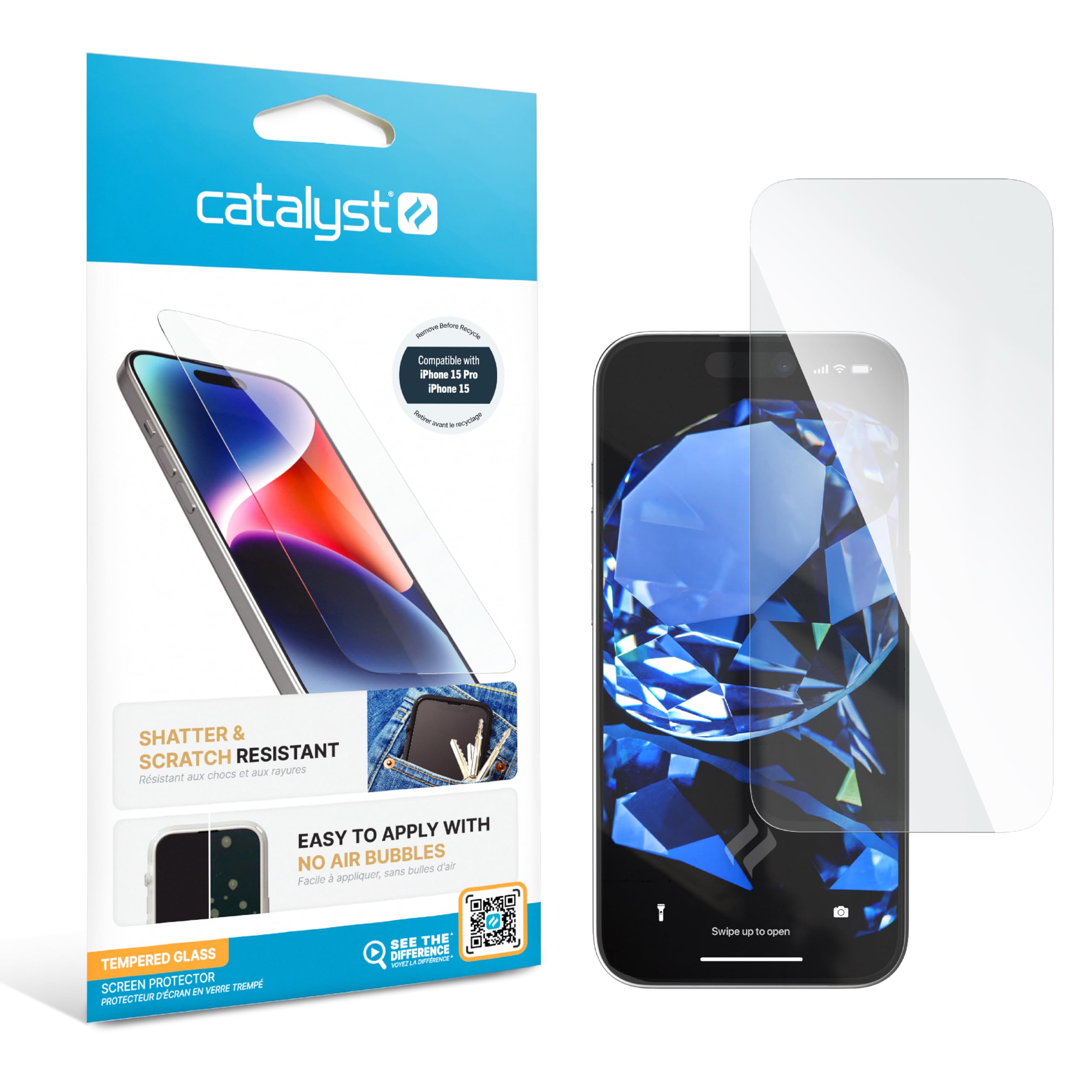 Catalyst Tempered Glass Screen Protector for iPhone 15 and 15 Pro, Full Coverage Against Drops, Cracks, Surface Scratches, Case-Friendly, Compatible Case, Touch-Sensitive, Bare-Screen Feel